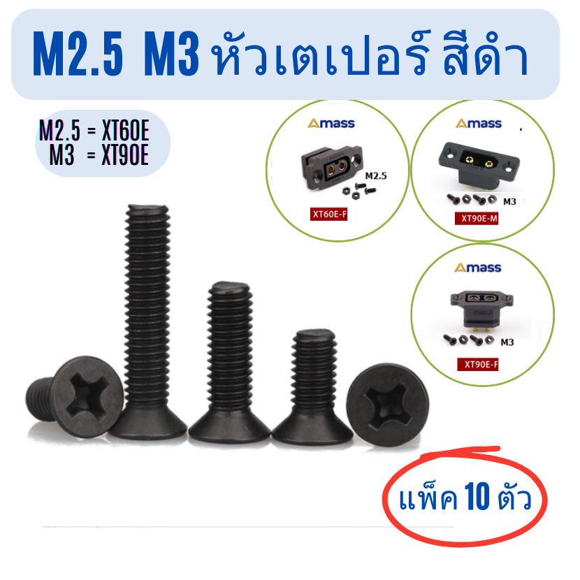 น๊อต M2.5  M3 น็อต หัวเตเปอร์ สีดำ แพ็ก 10 ตัว
