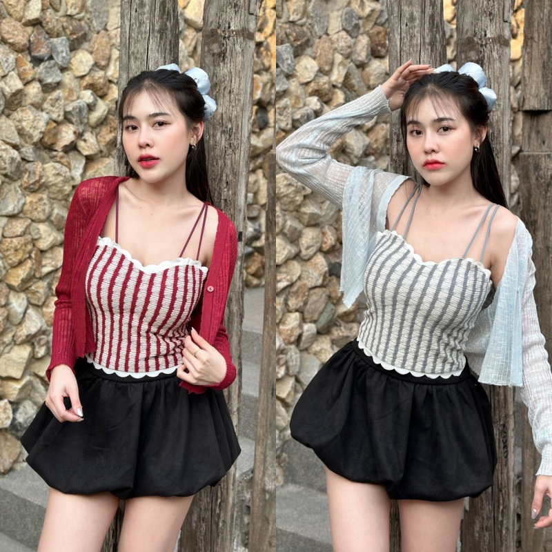 🌈SpinnyHouse🌈งานคู่2ชิ้น เสื้อสายเดี่ยวทอลายตารางสลับสี มาคู่กับเสื้อคลุมผ้าบาง งานสไตล์เกาหลีสุด ผ้ายืด รุ่น ลูกนก