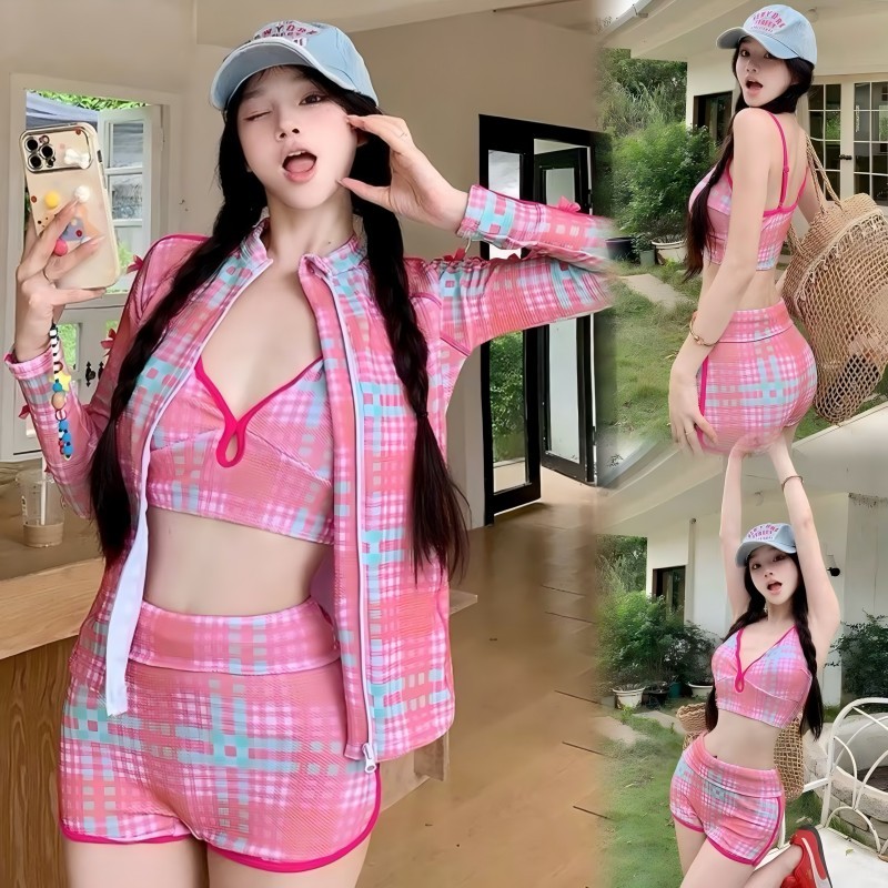 🌸Swift Bra🌸ชุดว่ายน้ำ 3 ชิ้น แขนยาว ป้องกันยูวี สไตล์แฟชั่น ลายสก็อต เหมาะกับเล่นกีฬาและดำน้ำ