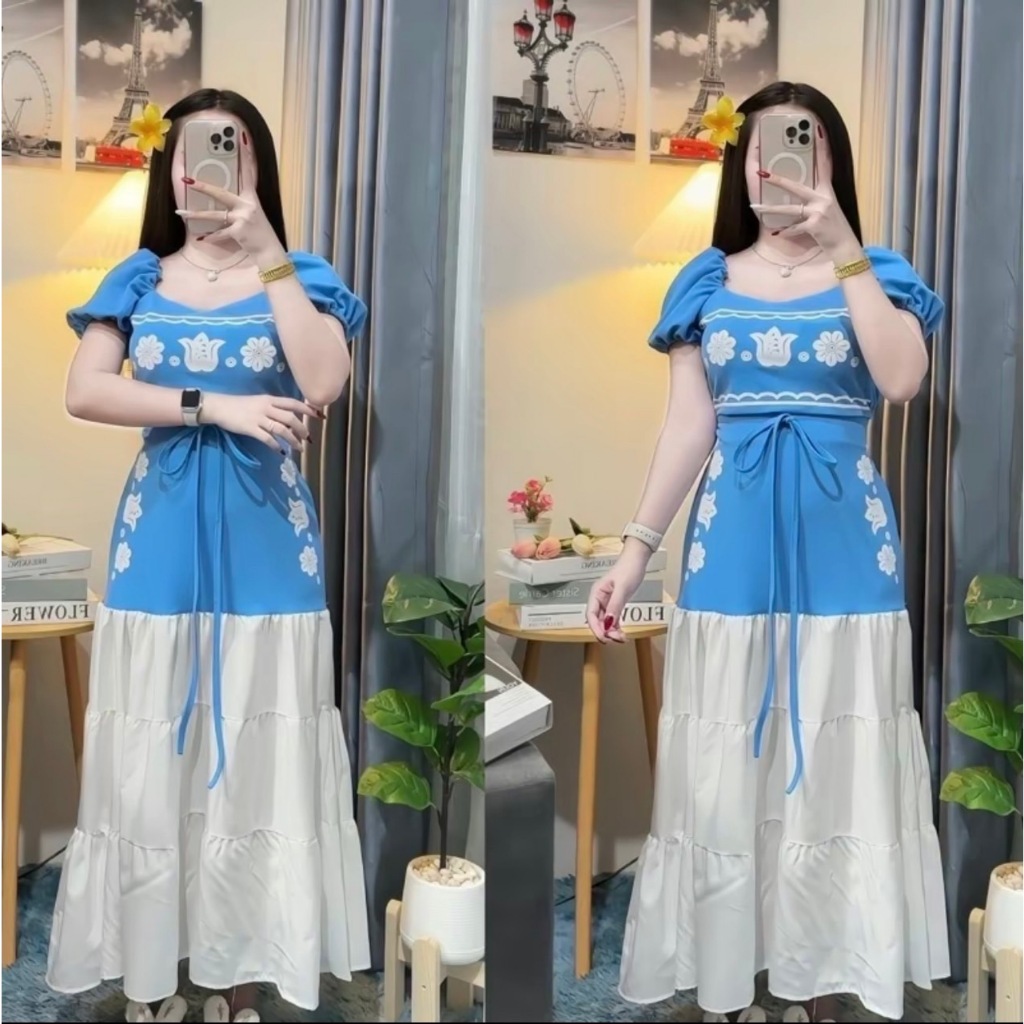 ชุดเซต2ชิ้นเสื้อเเขนตุ๊กตา/สายผูกเอว+กระโปรงยาวระบาย(ผ้าวูลเวฟ)พิมพ์ลายiv04