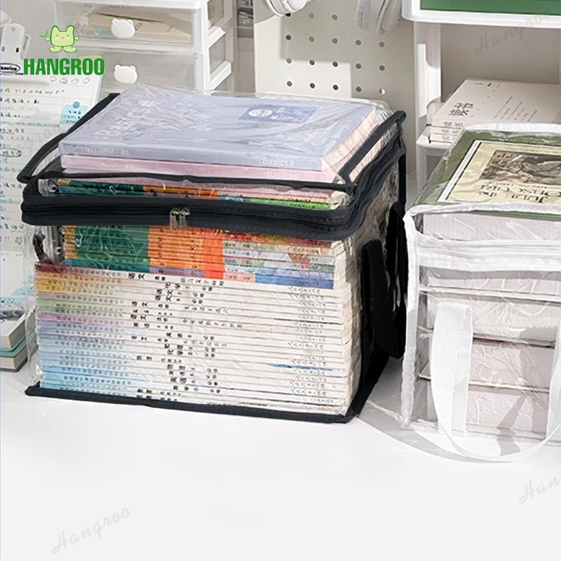 HANGROO BAG กระเป๋าเก็บหนังสือ แบบใส (PVC) มีซิป กันฝุ่น แบบพกพา ซ้อนได้ สําหรับนักเรียน