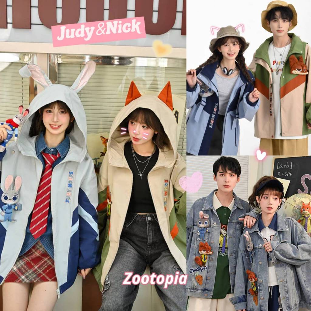 [พร้อมส่ง]Snbl x Disney เสื้อแจ็คเก็ตยีนส์ เสื้อแจ็คเก็ตสไตล์ยีนส์ติดผ้าไหมพรม Zootopia Judy Nick