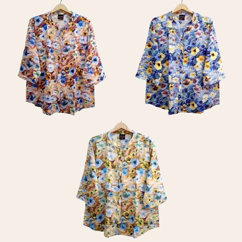 (อก 46”) เสื้อคอกลม เเขนสามส่วน ผ่าหน้า ลายดอก ผ้าลินินผสมฝ้าย ใส่สบาย