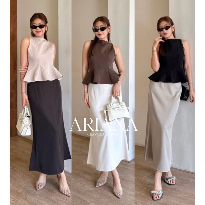 ชุดเซ็ต Araina เสื้อแขนกุดคอปาด ดีเทลเสื้อตัดต่อทั้งตัว พร้อมกระโปรงซาติน หรูหราสุด