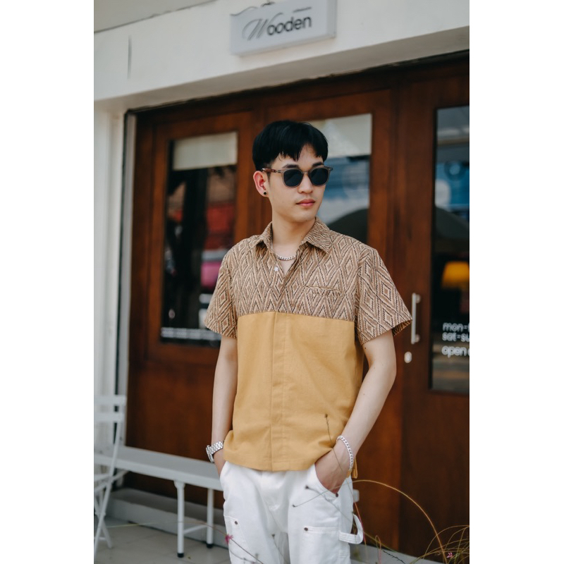 เสื้อผ้าฝ้ายฟอกหมักโคลนพิมพ์ลาย No.16เหลืองเปลือกไม้