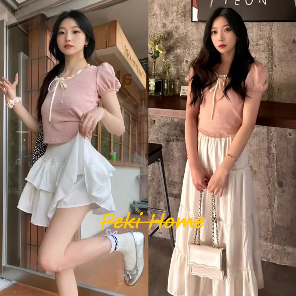 เสื้อยืดแขนสั้นทรงบับเบิลคอแขวนสไตล์บาเล่ต์สำหรับผู้หญิง