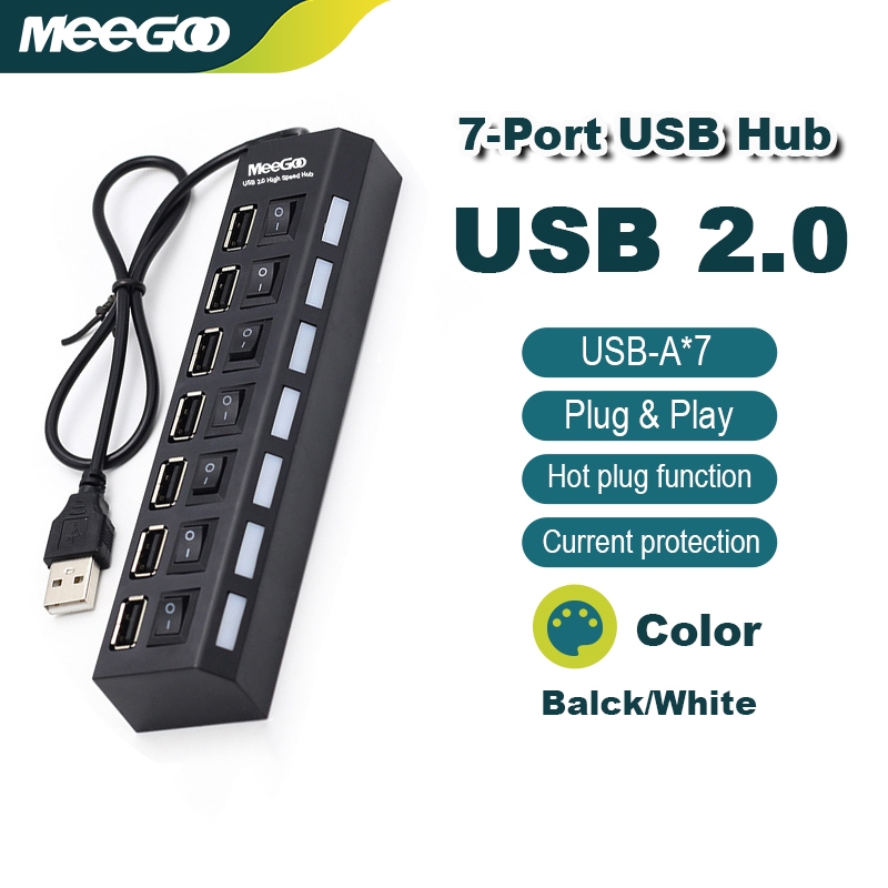 MeeGoo อะแดปเตอร์ฮับ ตัวเพิ่มช่องUSB 2.0 4/7 พอร์ต Switch High Speed ON / OFF ไฟ LED แสดงสถานะ ความเร็วสูง พร้อมสวิตช์