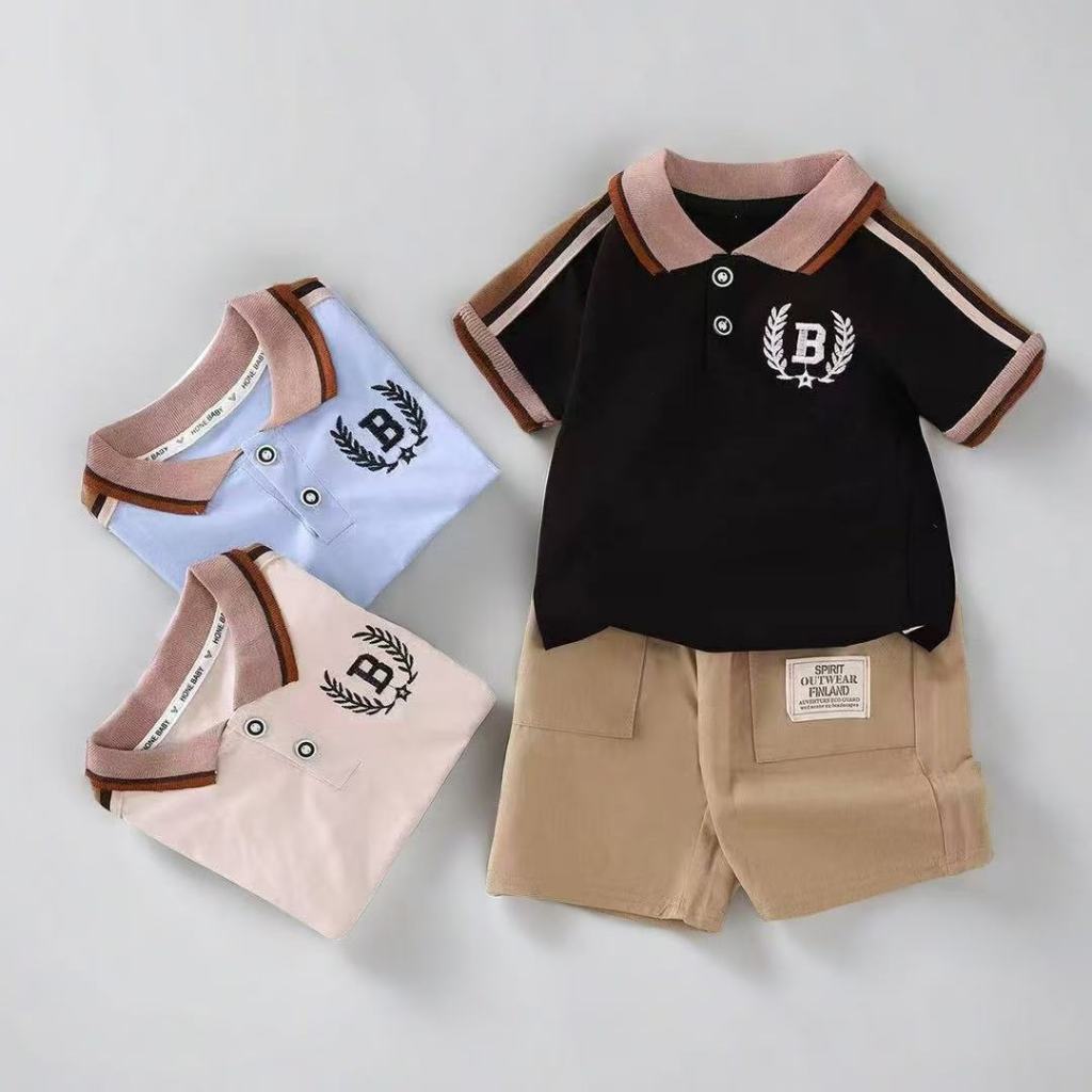 เสื้อยืดโปโลคอปกพร้อมกางเกงขาสั้น1-4ขวบ เซ็ต2ชิ้น