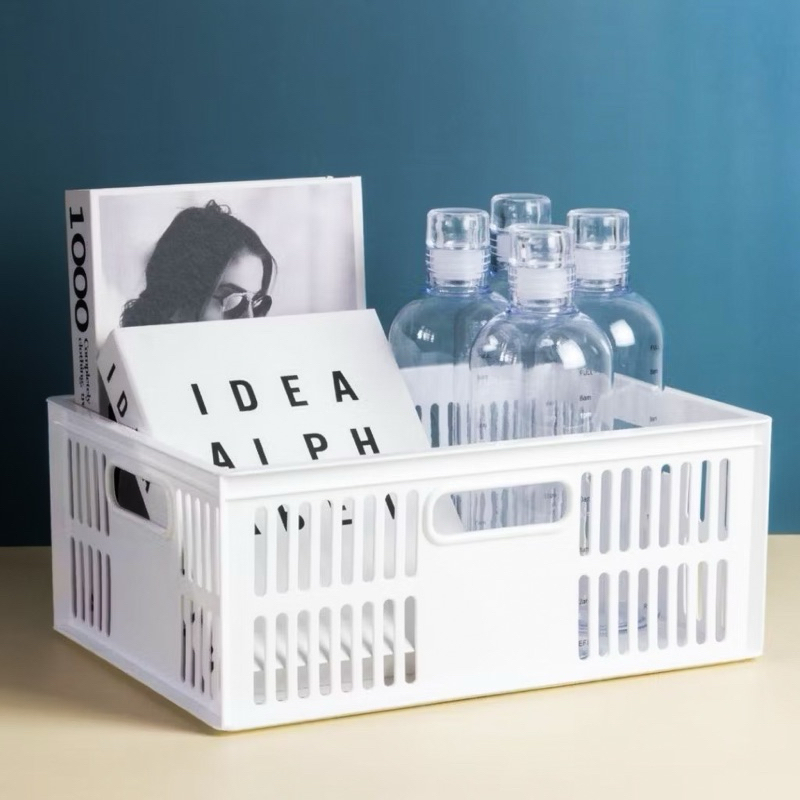 ตะกร้าอเนกประสงค์สีขาว มีหูหิ้ว วางซ้อนกันได้