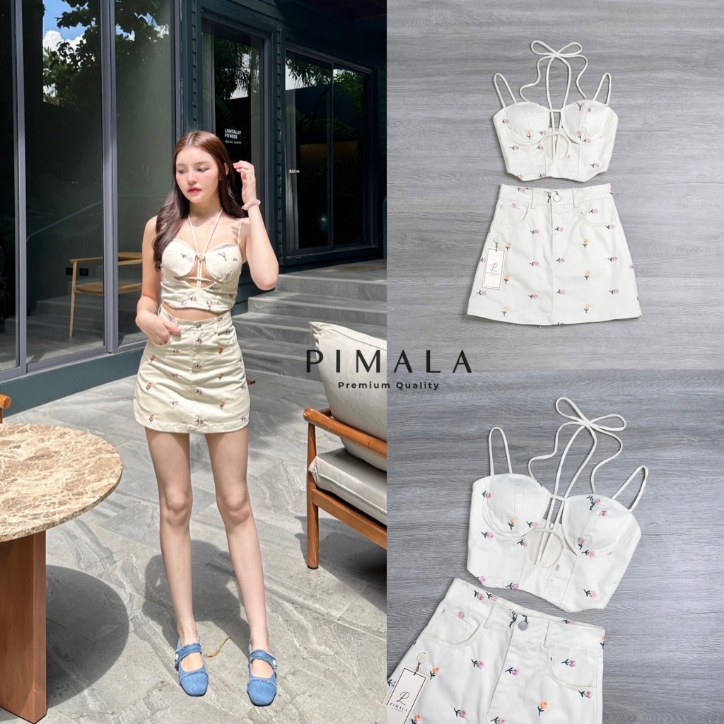 Pimala เซ็ทเสื้อสายเดี่ยวสายผูกคอดีไซน์น่ารักปนเซ็กซี่นิดๆปักลายสีสันน่ารักมาก