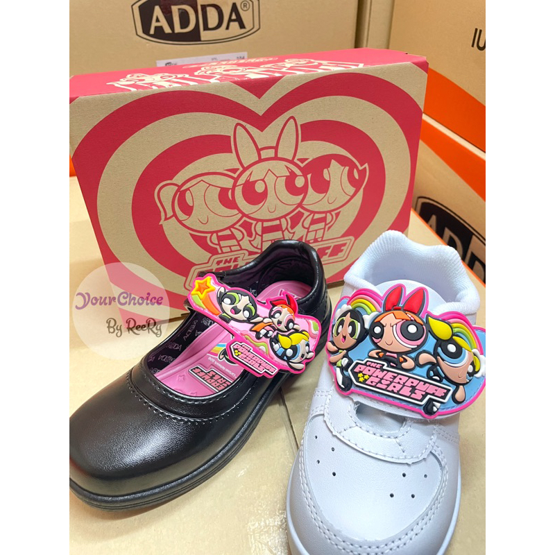 New ‼ รองเท้านักเรียนอนุบาลพละขาว หนังดำ PowerPuff Girls ADDA 41G1A 41C21