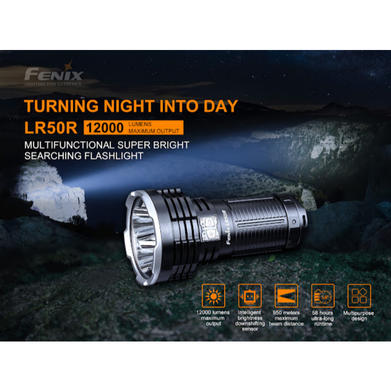 ไฟฉายFenix รุ่นLR50R  สว่างสูงพิเศษ ครบเครื่อง ทุการใช้งาน 12000 lm แบต Pack 3.6V/16000mA  USB Type 