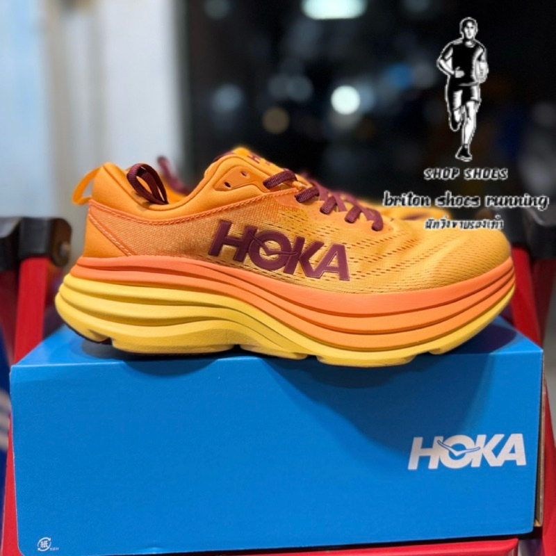 Sales 40% รองเท้าวิ่ง Hoka Bondi 8 สีส้ม รองเท้าวิ่งถนนสายซัพพอร์ต หนานุ่ม มีอุปกรณ์พร้อมกล่อง