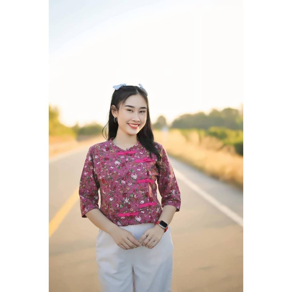 เสื้อผ้าพิมพ์ลาย(คอกลมดุมขอด)ดอกชม(ชมกะปิ)ค74
