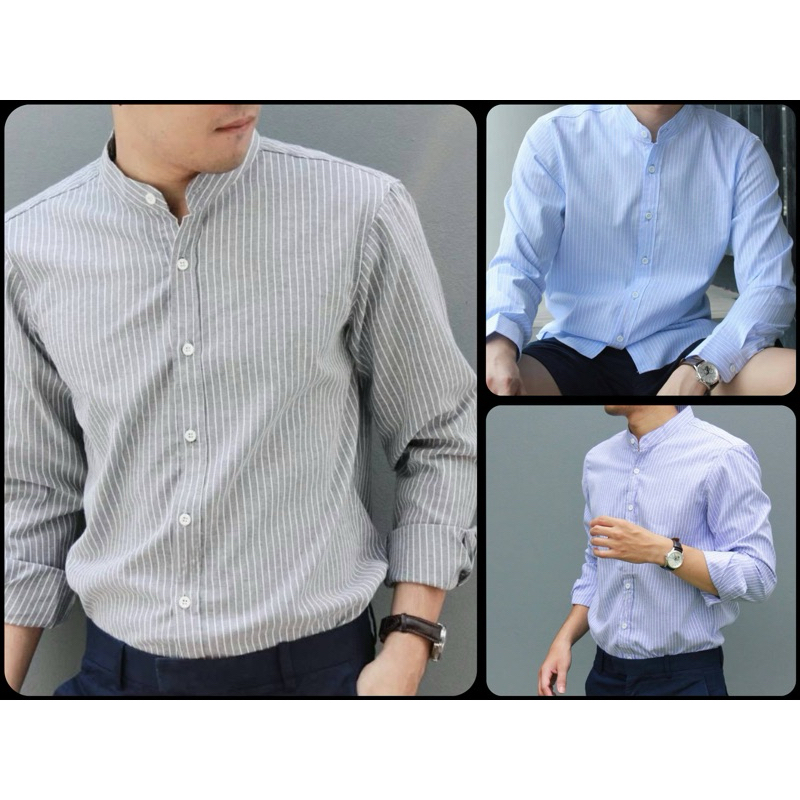 เสื้อเชิ้ต คอจีน ลายริ้ว เสื้อเชิ้ตผู้ชาย