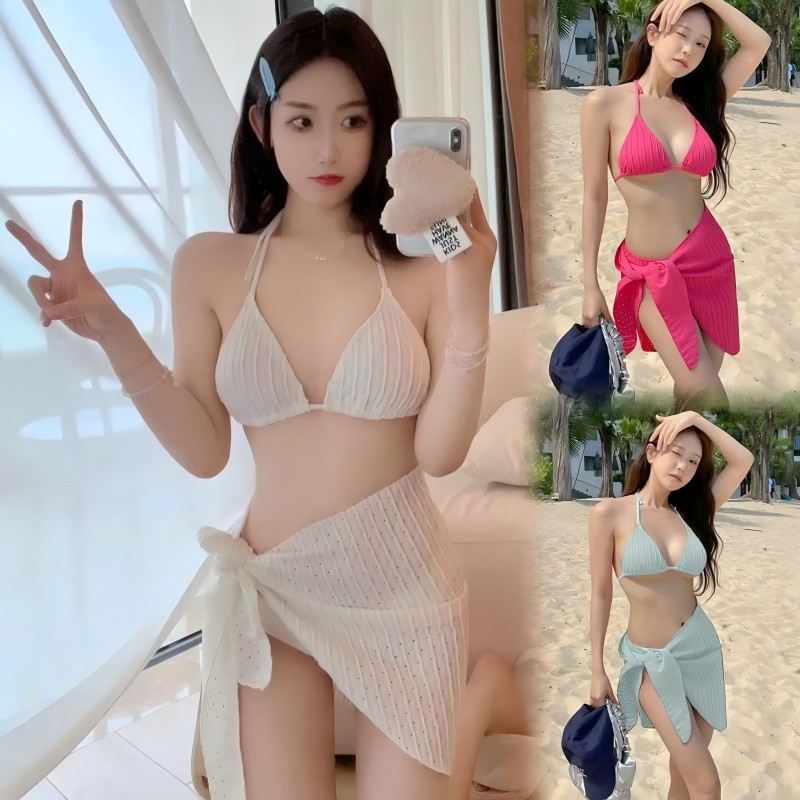 Swift Bra ชุดว่ายน้ำสตรีสไตล์เกาหลี บิกินี่ 3 ชิ้น บิกินี่สุดเซ็กซี่ กระโปรงผ้ากอซกลวง ผ้าคุณภาพดี เกาะอกมีเชือกผูกข้าง