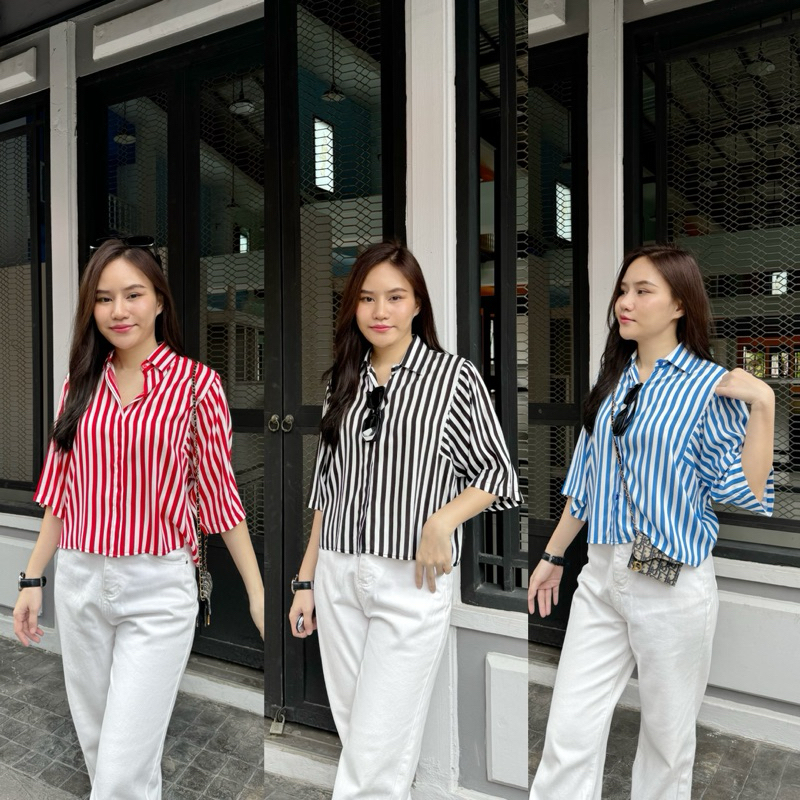 เสื้อเชิ้ตครอปลายริ้วผ้าสปันนุ่มใส่สบายอก42