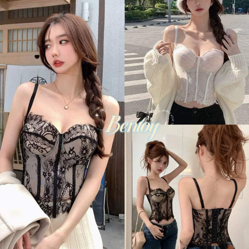 Bentoy(bratopL226)เสื้อเกาะอกสายเดี่ยว ลายลูกไม้ ดีเทลผ้าซีทรู รัดรูป อวดหุ่นเซ็กซี่