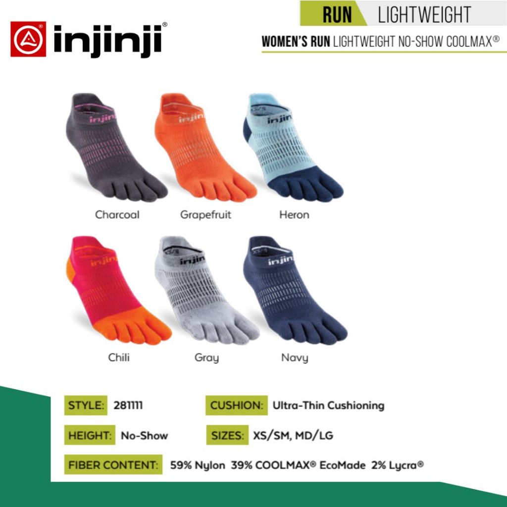 INJINJI ถุงเท้าวิ่งแยกนิ้ว WMN RUN LIGHTWEIGHT NO-SHOW COOLMAX CHARCOALรุ่นวิ่งขอสั้น (ผู้หญิง) สีชาโคล ของแท้ - รูปที่ 2