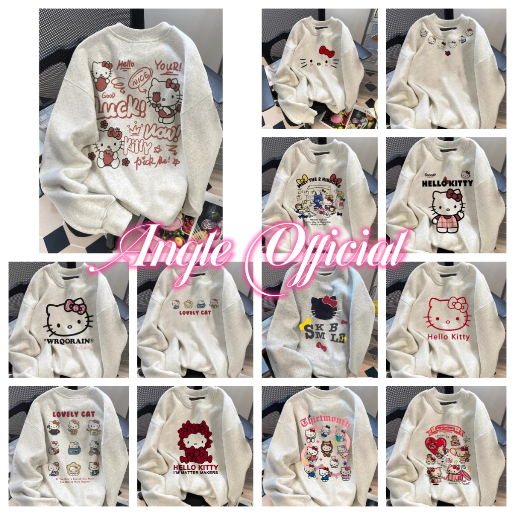 (จัดส่งตลอด 24 ชั่วโมง）เสื้อสเวตเตอร์คอกลม Hello Kitty น่ารักสำหรับผู้หญิง เสื้อสไตล์วิทยาลัยลดอายุหวานและต่างประเทศ