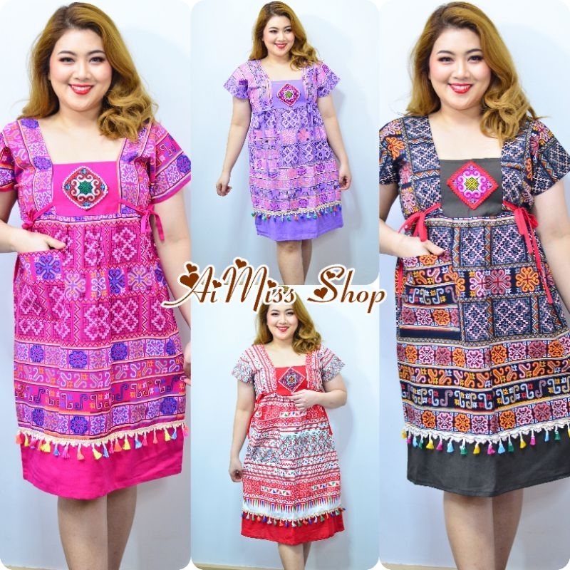 🌼AiMiss Shop🌼 รหัส M34 เดรสผ้าฝ้ายพิมพ์ลาย เดรสสาวอวบ เสื้อผ้าคนอ้วน ชุดสาวอวบ
