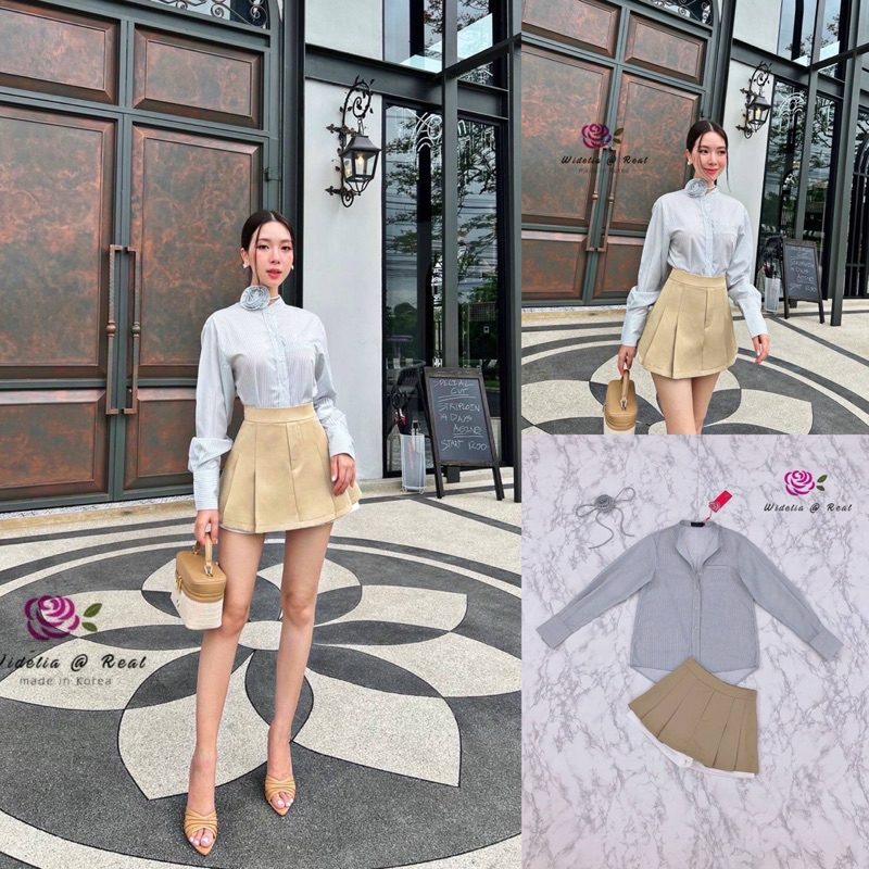 M4 งานป้าย Widelia@Real Set ชุดเซ็ท เสื้อเชิ้ต+กระโปรงสั้นจับจีบซับในกางเกง สำหรับผู้หญิง เสื้อผ้าแฟ