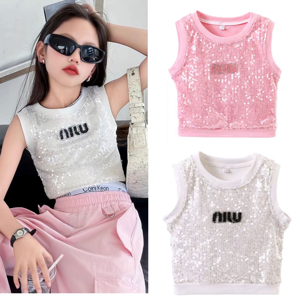 (พร้อมส่ง) เฉพาะเสื้อคร็อปเต้นเด็กแจ๊ส เสื้อแฟชั่นเด็กสตรีท ประดับเลื่อม