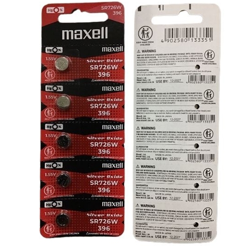ถ่านกระดุม Maxell SR726W/ 396 / 1.55V. อย่างดี จำหน่ายยกแผง (1แผง มี 5เม็ด)