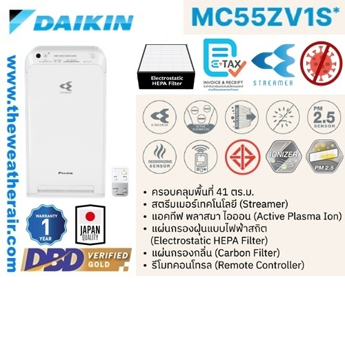 เครื่องฟอกอากาศไดกิ้น Daikin (Air Purifier) พื้นที่ 41 ตร.ม. รุ่น MC55ZV1S, พื้นที่ 62 ตร.ม. MC80ZV1