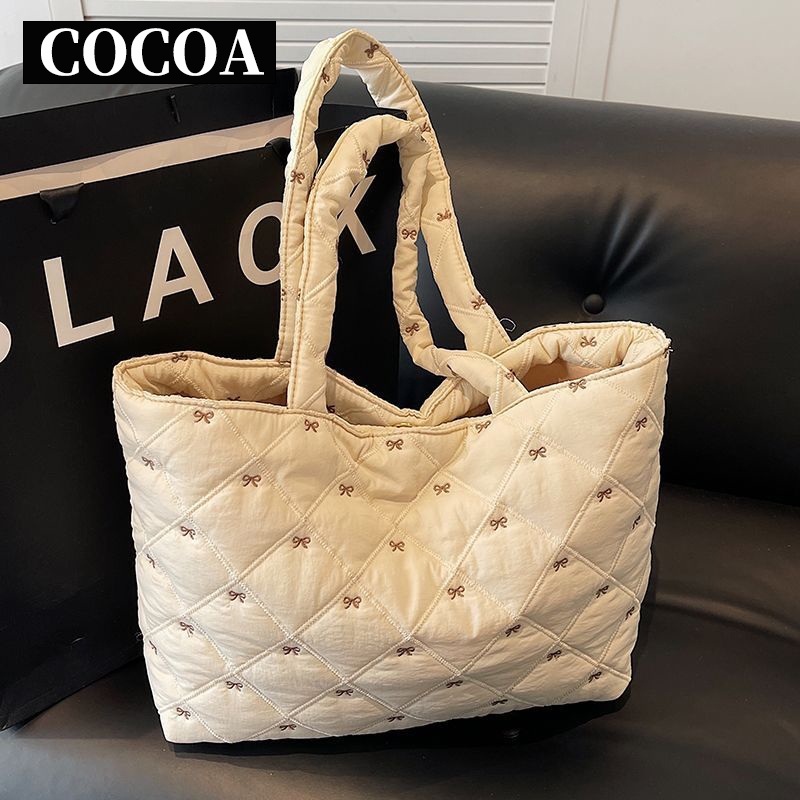 COCOA กระเป๋าสะพายไหล่นุ่มความจุขนาดใหญ่กระเป๋าถือลําลอง, ตกแต่งโบว์Tote Bag