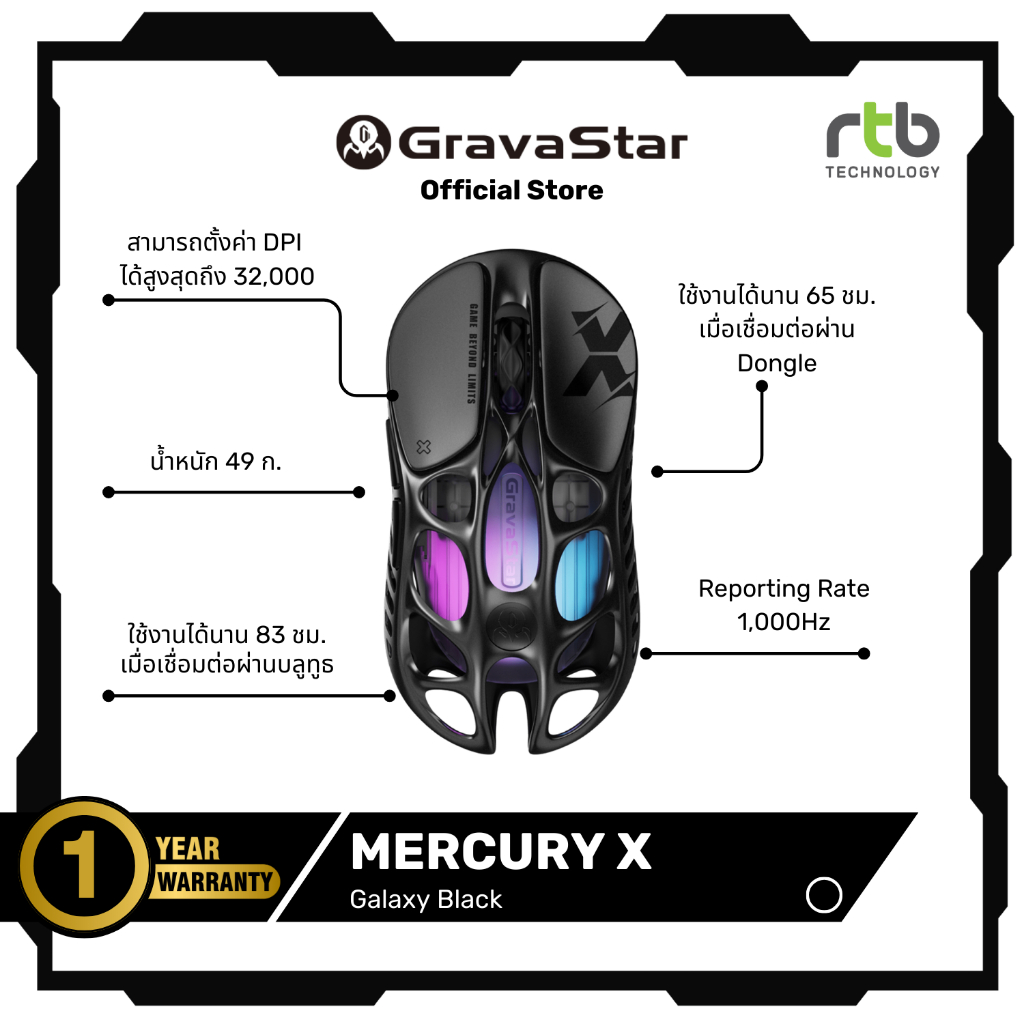 GravaStar Mercury X เมาส์เกมมิ่งไร้สาย Wireless Gaming Mouse