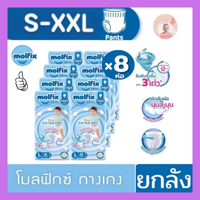 ยกลัง8ห่อ molfix โมลฟิกซ์ ฟ้า กางเกง เลือกไซส์. S-XXL