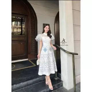 🚩ร้านโค้ดคุ้ม🚩 ABIGAIL เดรสพิมพ์ลายไทย แต่งลูกไม้ แขนระบายชั้น ใส่ออกงานบุญ งานบวช แฟนนาค