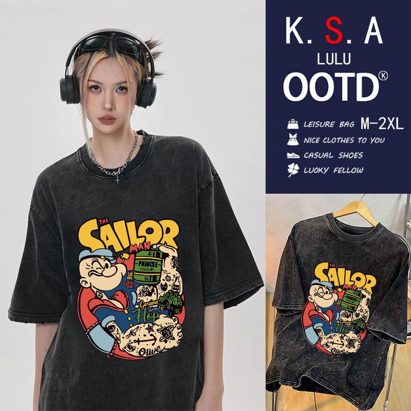 เสื้อยืดฟอกวินเทจผู้หญิงแบบเท่ๆ คอตตอน100% oversize เสื้อผ้าคนอ้วนไซส์ใหญ่ เสื้อโอเวอร์ไซส์เกาหลี สกรีนลายการ์ตูนญี่ป
