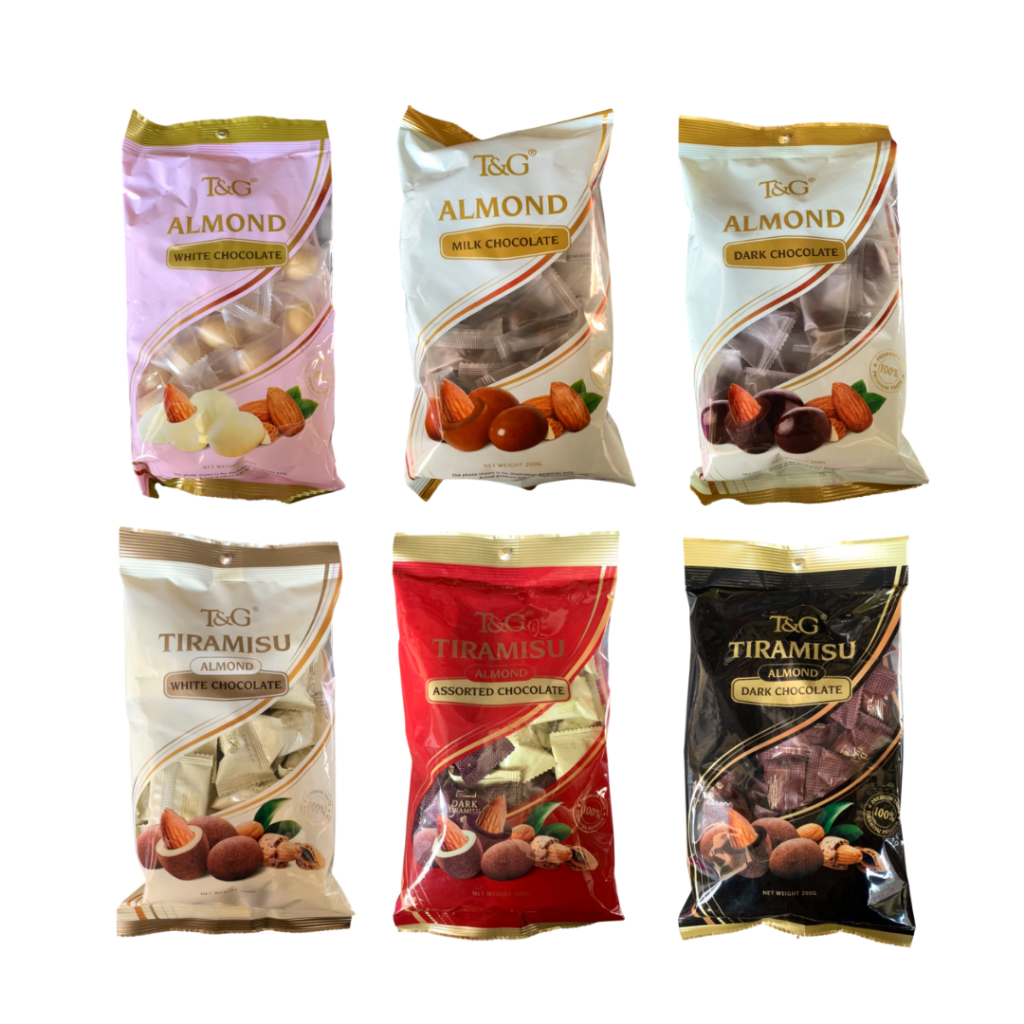 T&G Almond Chocolate น้ำหนัก 200 กรัม มี 6 รสชาติ สินค้าจากมาเลเซีย มีตราฮาลาล