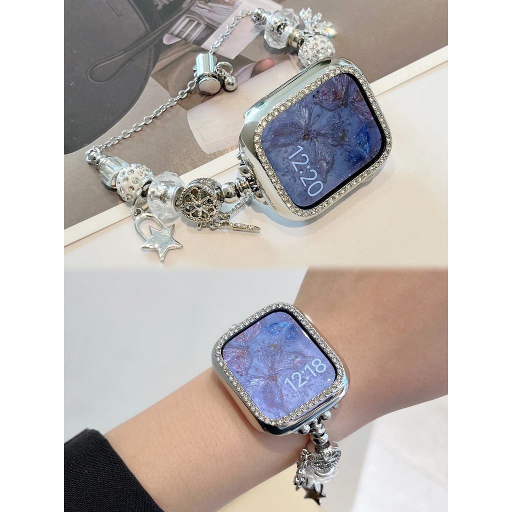 พร้อมส่ง สายสร้อยข้อมือ Pando+เคสเพชรสีเงิน ใช้ไ้ด้กับ Smart Watch 10 9 8 7 6 5 4 Se Ultra H13min Hello Plum H15ultra