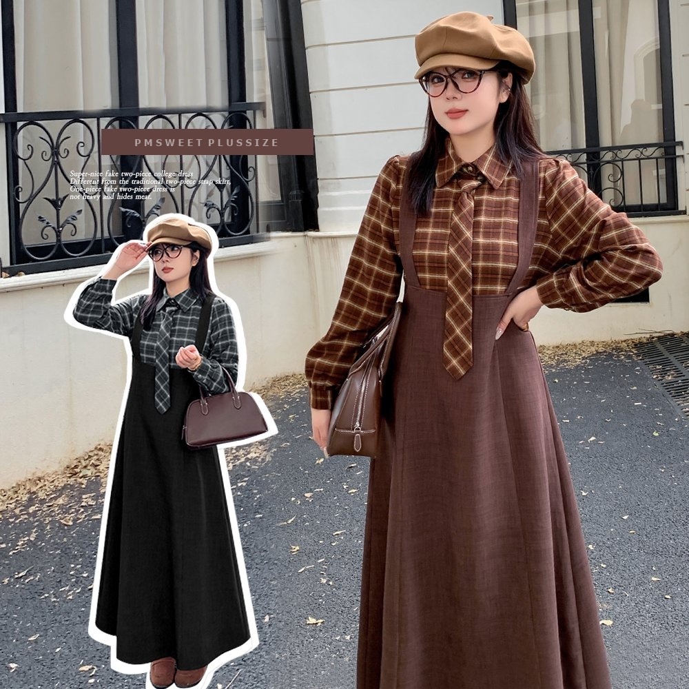 [ 🔥อกถึง 50" ] : PMP2373 : พรีออเดอร์ ชุดเดรสลายสก็อตไซส์ใหญ่ สไตล์นักเรียน แต่งคอปกมาพร้อมเนคไท