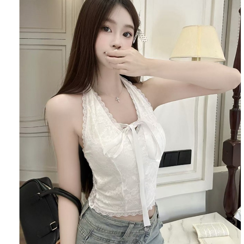 ใหม่โบว์คอวีลูกไม้เชือกแขวนคอเสื้อผู้หญิงฤดูร้อนหวานร้อนแขวนเซ็กซี่เกาะอกด้านบนที่สวยงาม