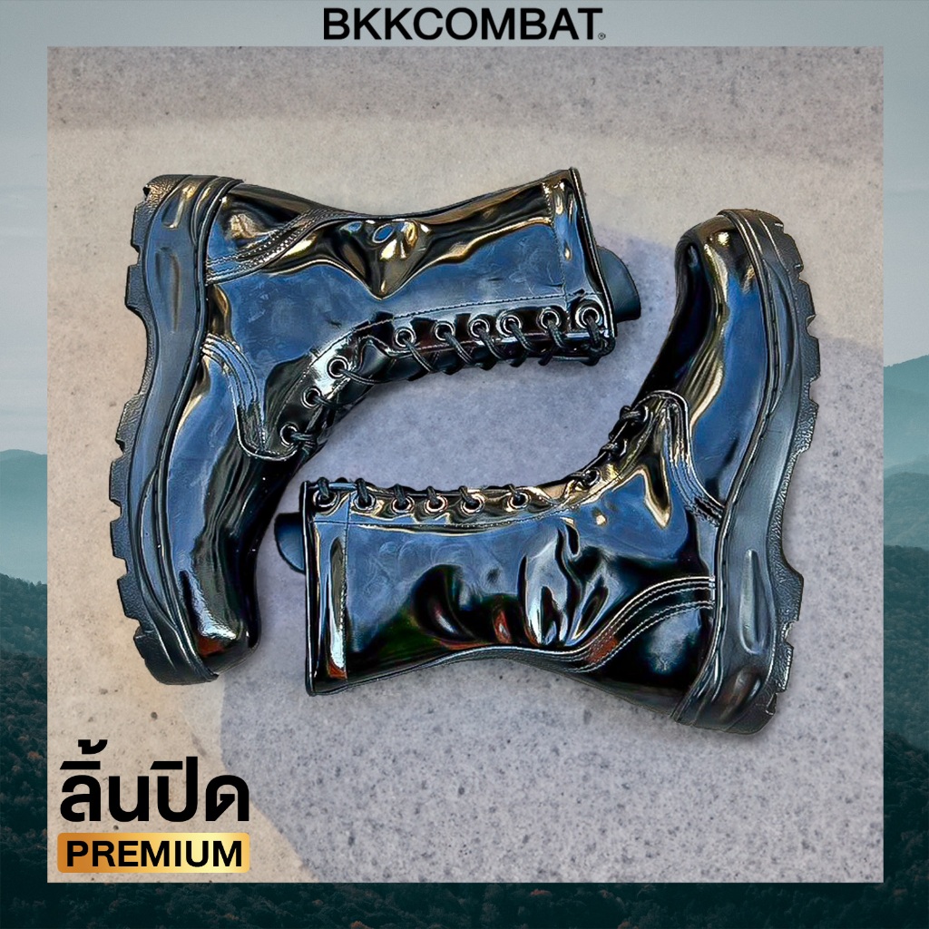 คอมแบท BKT1 (ลิ้นปิด) ไม่มีซิป พื้นรถถัง พรีเมี่ยม หนังขัดมัน หนังวัวแท้เงางาม หรูสุด!  พื้นรถถังเบาที่สุด (ทรงW)