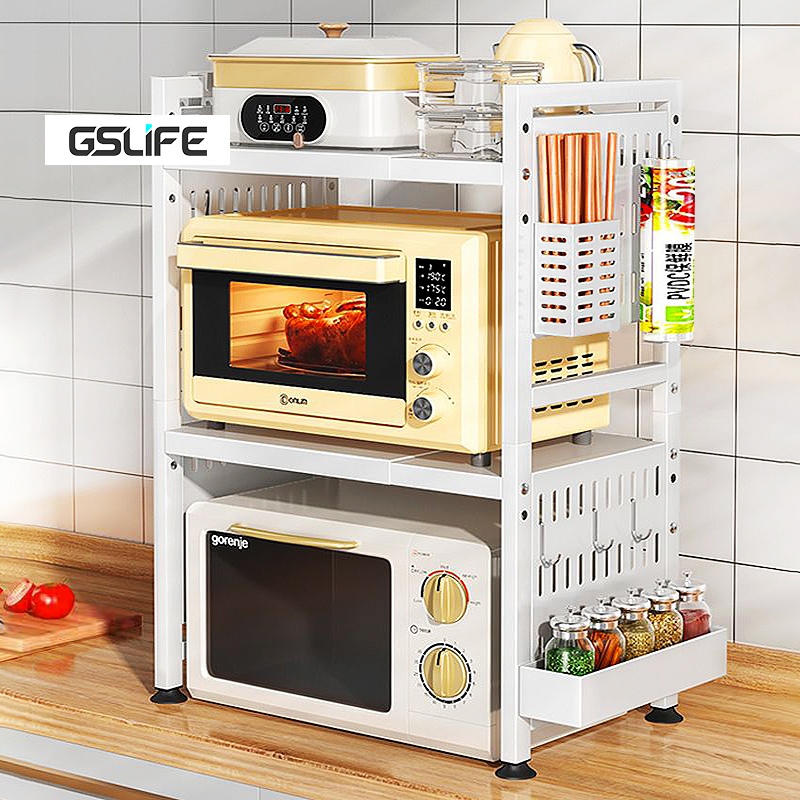 GSlife สี ขาว ชั้นวางไมโครเวฟ ชั้นวางคร่อมไมโครเวฟ ปรับความกว้างและความสูงได้ ประหยัดพื้นที่ ชั้นวางของในครัว