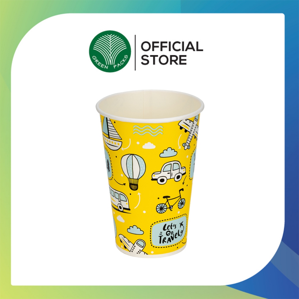 [ยกลัง] แก้วกระดาษ แก้วน้ำ ขนาด16oz. (1000 ใบ/ลัง ) greenpacks ปากกว้าง90mm แก้วพิมพ์ลาย