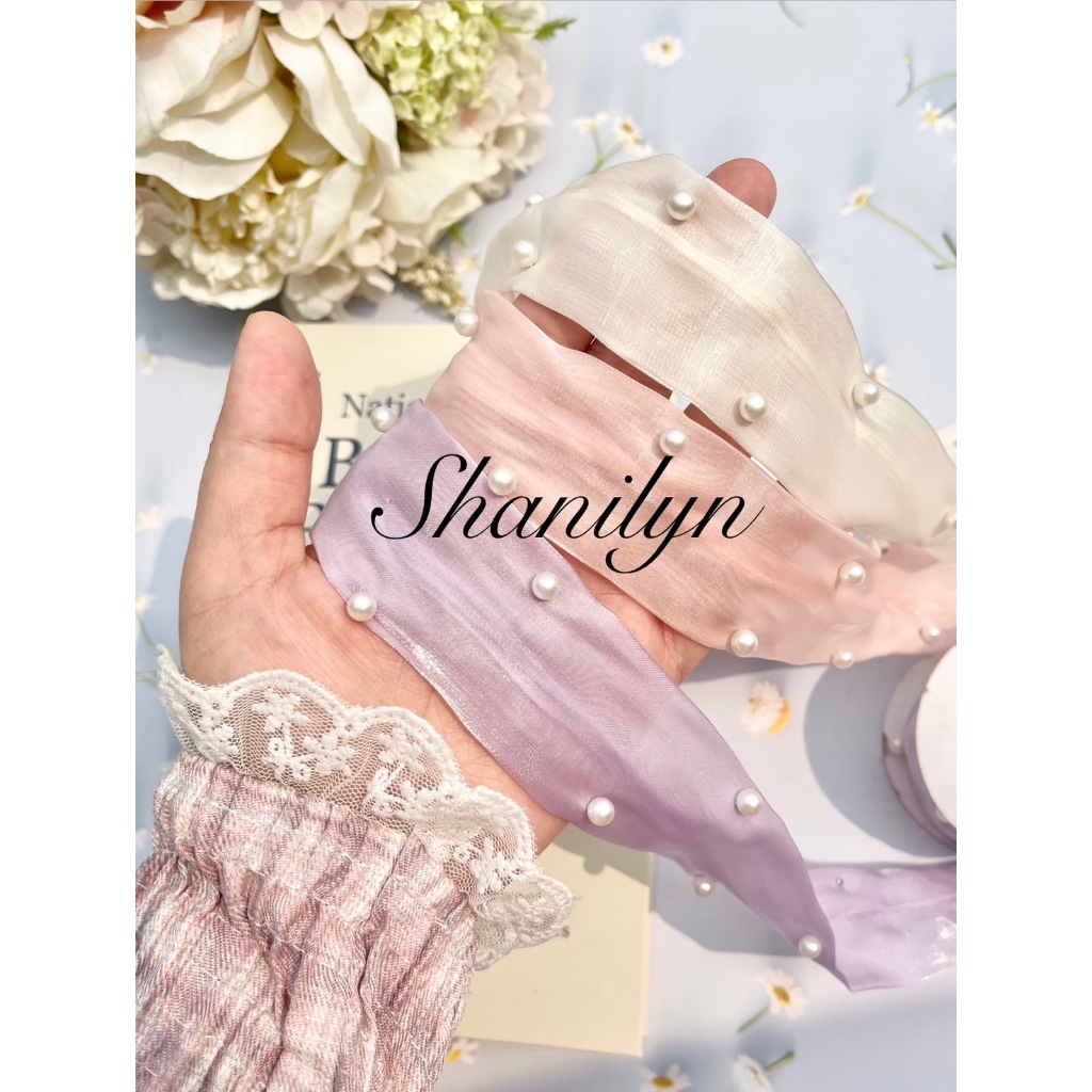 🌟น่ารักมาก🌟 30/30 ริบบิ้นชีฟองเนื้อวาว ประดับมุก สวยอ่อนโยน หน้ากว้าง3.5เซน ราคาต่อหลา  ตกแต่งเสื้อผ้า กระเป๋า ทำโบว์