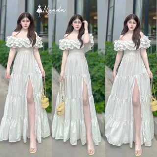 Maxi Dress เปิดไหล่ระบายแขน ผ้าไหมอิตาลี่ กระโปรงผ่าหน้า