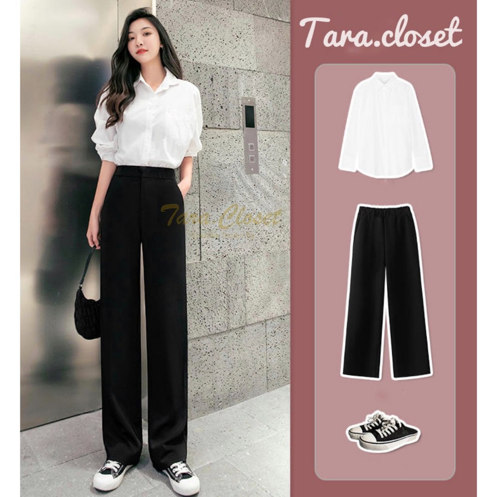 PW501 TARA Long pants กางเกงขายาว เอวสูง  ทรงขากระบอก ไม่มีกระเป๋าข้าง เนื้อผ้าวูลเวฟ ผ้ายืด ใส่สบาย