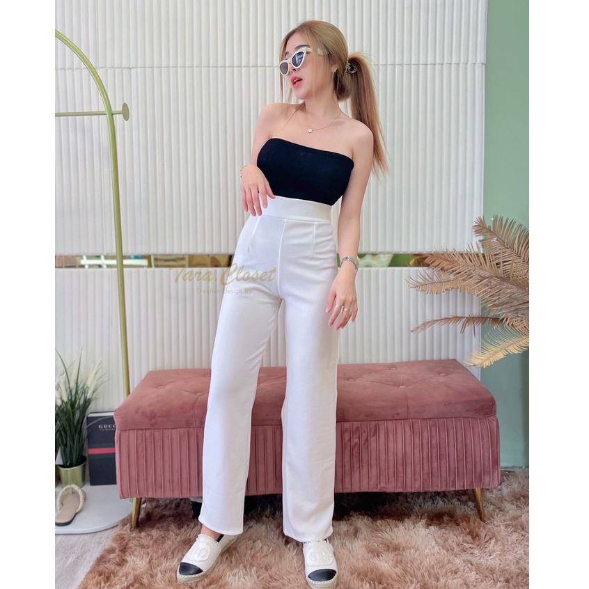 PW501 TARA Long pants Black&White กางเกงขายาว เอวสูง ทรงขากระบอก แต่งเกร็ดหน้า เนื้อผ้าวูลเวฟ ผ้ายืด