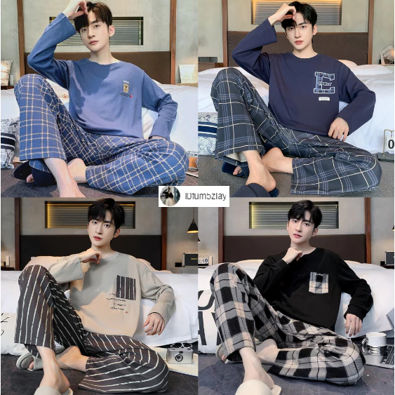 M-4XL(ราคาถูกที่สุด)ชุดนอนผู้ชาย，สีทึบที่หรูหรา，ชุดนอนผ้าซาตินเนื้อเรียบ，สวมใส่สบาย，8 สี，ขายาว+เสื้อ