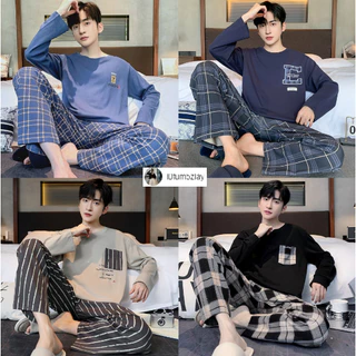 M-4XL(ราคาถูกที่สุด)ชุดนอนผู้ชาย，สีทึบที่หรูหรา，ชุดนอนผ้าซาตินเนื้อเรียบ，สวมใส่สบาย，8 สี，ขายาว+เสื้อ