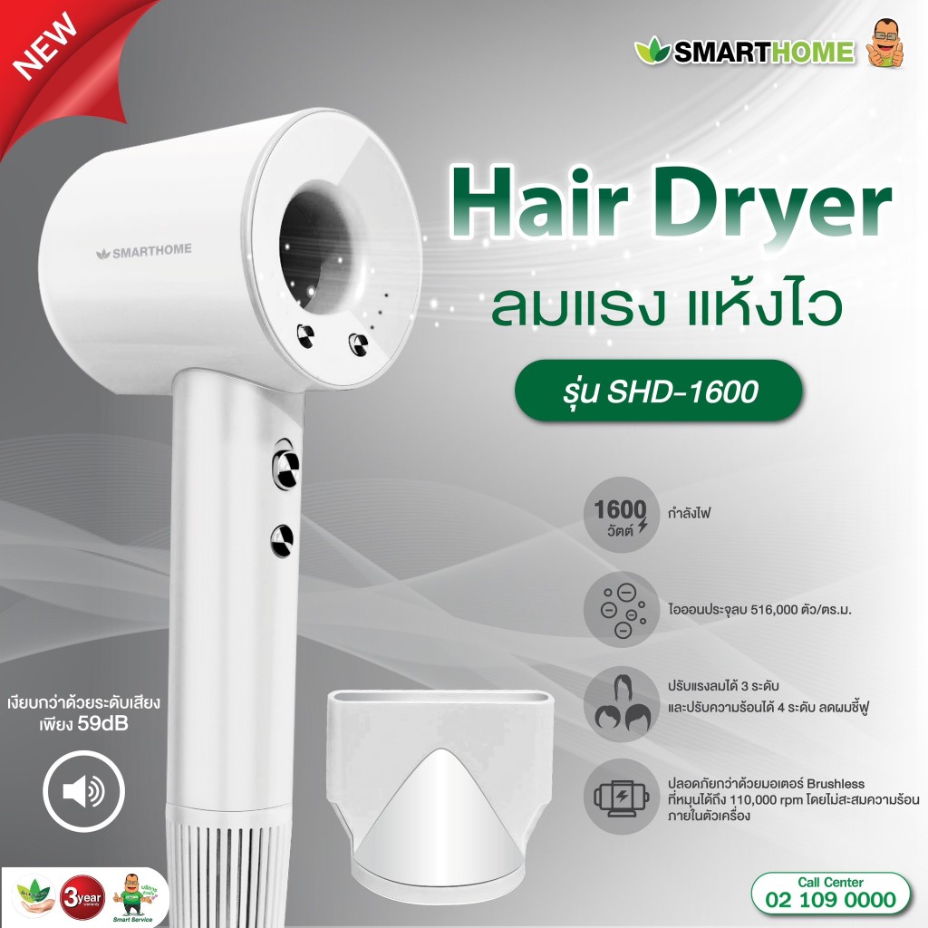 SMARTHOME ไดร์เป่าผม ไดร์เป่าผมความแรงสูง  รุ่น SHD-1600/SHD-1601(1600วัตต์)