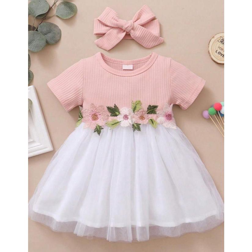 พร้อมส่ง เดรส ชุดเด็กผู้หญิง สีชมพู กระโปรงสีขาว แต่งดอกไม้ แถมที่คาดผม  9 เดือน - 3 ขวบ ชุดออกงาน sa2407040820005560