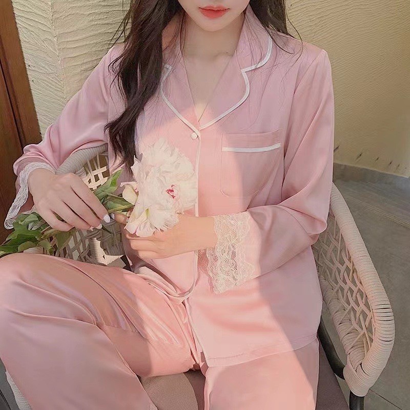 STCL-LL ชุดนอนผ้าซาติน สีพื้น ชุดนอนแขนขายาว ผ้าใส่สบาย ชุดนอนสำหรับผู้หญิง สินค้าพร้อมส่ง